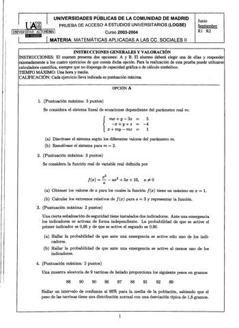 Examen de Matemáticas Aplicadas a las Ciencias Sociales (selectividad de 2004)