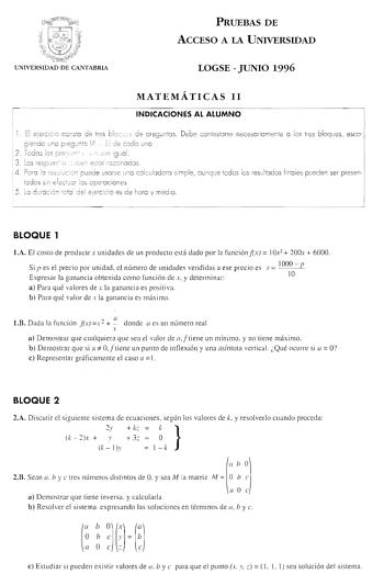 Examen de Matemáticas II (selectividad de 1996)