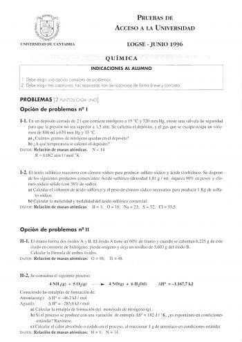 Examen de Química (selectividad de 1996)
