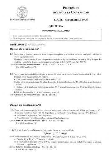 Examen de Química (selectividad de 1996)