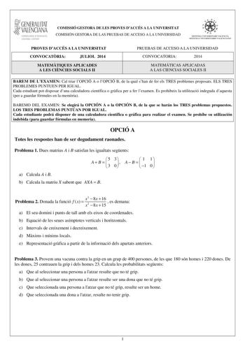 Examen de Matemáticas Aplicadas a las Ciencias Sociales de la Comunidad Valenciana PAU de