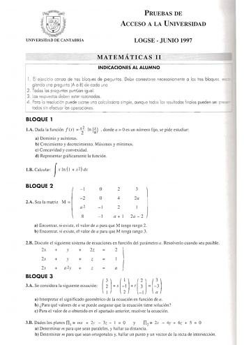 Examen de Matemáticas II (selectividad de 1997)