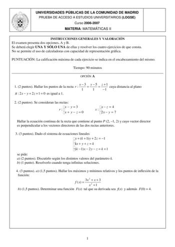 Examen de Matemáticas II (selectividad de 2007)