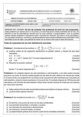 Exámenes de PAU de Matemáticas Aplicadas a las Ciencias Sociales de la Comunidad Valenciana