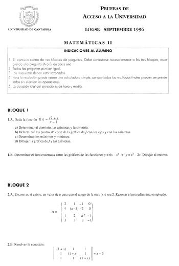 Examen de Matemáticas II (selectividad de 1996)