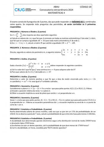 Examen de Matemáticas II (ABAU de 2024)