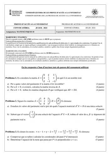 COMISSIÓ GESTORA DE LES PROVES DACCÉS A LA UNIVERSITAT COMISIÓN GESTORA DE LAS PRUEBAS DE ACCESO A LA UNIVERSIDAD PROVES DACCÉS A LA UNIVERSITAT CONVOCATRIA JULIOL 2024 Assignatura MATEMTIQUES II PRUEBAS DE ACCESO A LA UNIVERSIDAD CONVOCATORIA JULIO 2024 Asignatura MATEMÁTICAS II BAREM DE LEXAMEN Heu de respondre només a QUATRE problemes entre els HUIT que es proposen Cada problema puntua fins a 10 punts La qualificació de lexercici és la suma de les qualificacions de cada problema dividida ent…