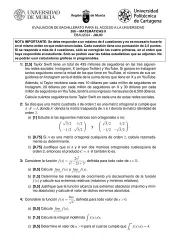 Examen de Matemáticas II (EBAU de 2024)