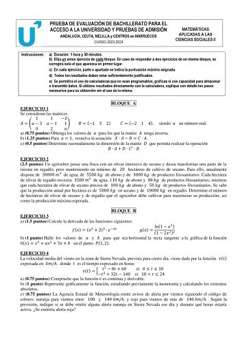 Examen de Matemáticas Aplicadas a las Ciencias Sociales (PEvAU de 2024)