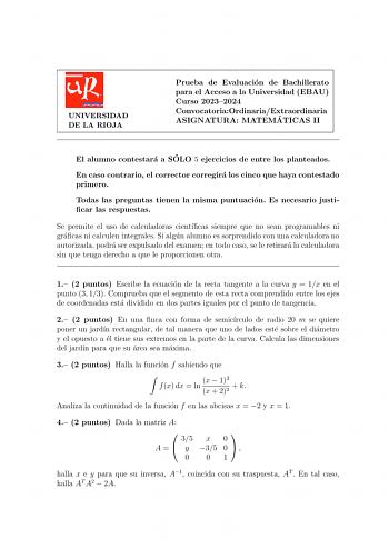 Examen de Matemáticas II (EBAU de 2024)