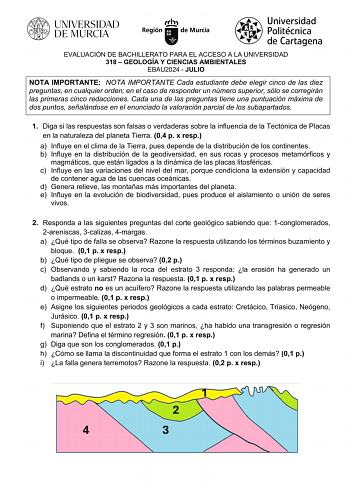 EVALUACIÓN DE BACHILLERATO PARA EL ACCESO A LA UNIVERSIDAD 318  GEOLOGÍA Y CIENCIAS AMBIENTALES EBAU2024  JULIO NOTA IMPORTANTE NOTA IMPORTANTE Cada estudiante debe elegir cinco de las diez preguntas en cualquier orden en el caso de responder un número superior sólo se corregirán las primeras cinco redacciones Cada una de las preguntas tiene una puntuación máxima de dos puntos señalándose en el enunciado la valoración parcial de los subapartados 1 Diga si las respuestas son falsas o verdaderas …