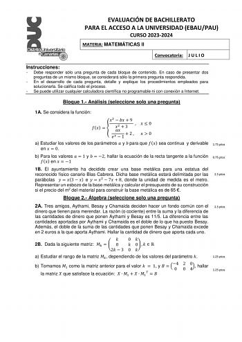 Examen de Matemáticas II (EBAU de 2024)