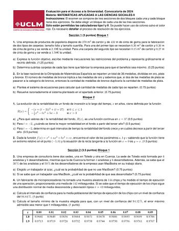 Examen de Matemáticas Aplicadas a las Ciencias Sociales (EvAU de 2024)