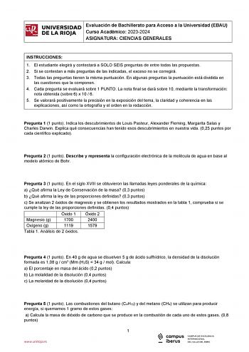 iñil UNIVERSIDAD Evaluación de Bachillerato para Acceso a la Universidad EBAU 1 Curso Académico 20232024  DE LA RIOJA  ASIGNATURA CIENCIAS GENERALES l INSTRUCCIONES 1 El estudiante elegirá y contestará a SOLO SEIS preguntas de entre todas las propuestas 2 Si se contestan a más preguntas de las indicadas el exceso no se corregirá 3 Todas las preguntas tienen la misma puntuación En algunas preguntas la puntuación está dividida en las cuestiones que la componen 4 Cada pregunta se evaluará sobre 1 …