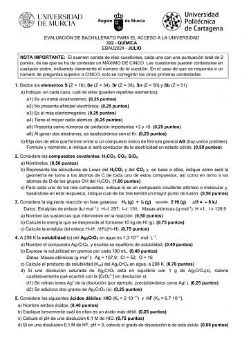 Examen de Química (EBAU de 2024)