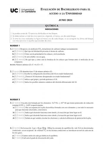 Examen de Química (EBAU de 2024)