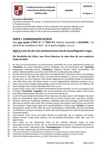 Pruebas de acceso a enseñanzas universitarias oficiales de grado Castilla y León ALEMÁN EJERCICIO N Páginas 5 Estructura y optatividad La prueba se compone de 3 partes I Comprensión escrita II Ejercicio de léxico yo morfosintáctico III Producción escrita En la parte I el alumno deberá elegir un texto y responder a los ejercicios referidos a este En la parte II deberá realizar uno de los ejercicios propuestos OPCIÓN A u OPCIÓN B En la parte III deberá elegir uno de los ejercicios propuestos OPCI…