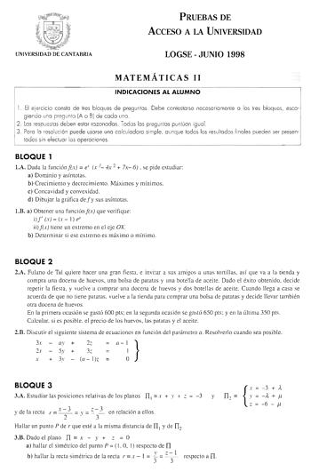 Examen de Matemáticas II (selectividad de 1998)