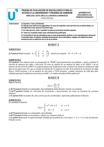 Examen de Matemáticas Aplicadas a las Ciencias Sociales (PEvAU de 2024)