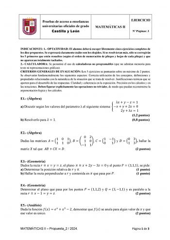 Examen de Matemáticas II (EBAU de 2024)