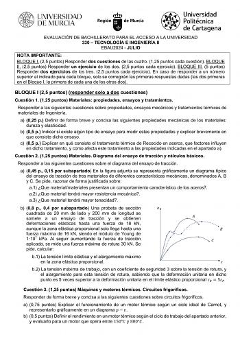 EVALUACIÓN DE BACHILLERATO PARA EL ACCESO A LA UNIVERSIDAD 330  TECNOLOGÍA E INGENIERÍA II EBAU2024  JULIO NOTA IMPORTANTE BLOQUE I 25 puntos Responder dos cuestiones de las cuatro 125 puntos cada cuestión BLOQUE II 25 puntos Responder un ejercicio de los dos 25 puntos cada ejercicio BLOQUE III 5 puntos Responder dos ejercicios de los tres 25 puntos cada ejercicio En caso de responder a un número superior al indicado para cada bloque solo se corregirán las primeras respuestas dadas las dos prim…