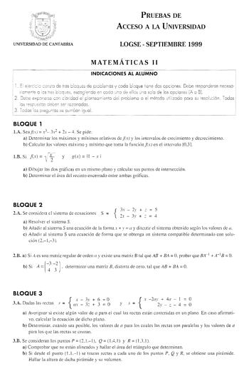 Examen de Matemáticas II (selectividad de 1999)