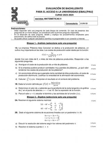 Examen de Matemáticas II (EBAU de 2024)