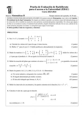 Examen de Matemáticas II (EBAU de 2024)