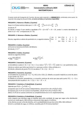 Examen de Matemáticas II (ABAU de 2024)