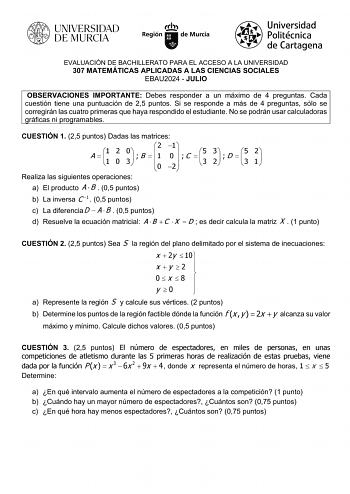 Examen de Matemáticas Aplicadas a las Ciencias Sociales (EBAU de 2024)