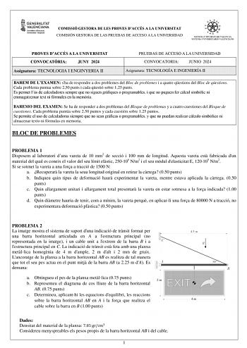 COMISSIÓ GESTORA DE LES PROVES DACCÉS A LA UNIVERSITAT COMISIÓN GESTORA DE LAS PRUEBAS DE ACCESO A LA UNIVERSIDAD PROVES DACCÉS A LA UNIVERSITAT CONVOCATRIA JUNY 2024 Assignatura TECNOLOGIA I ENGINYERIA II PRUEBAS DE ACCESO A LA UNIVERSIDAD CONVOCATORIA JUNIO 2024 Asignatura TECNOLOGÍA E INGENIERÍA II BAREM DE LEXAMEN sha de respondre a dos problemes del Bloc de problemes i a quatre qestions del Bloc de qestions Cada problema puntua sobre 250 punts i cada qestió sobre 125 punts Es permet lús de…