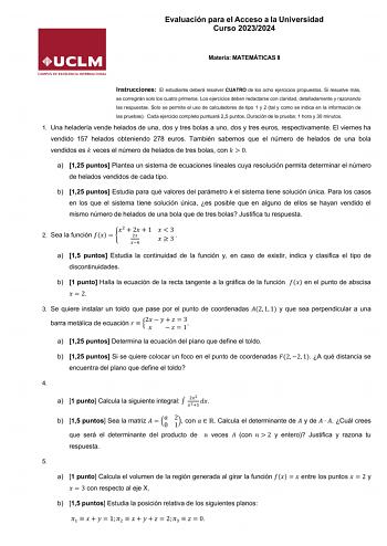 Examen de Matemáticas II (EvAU de 2024)