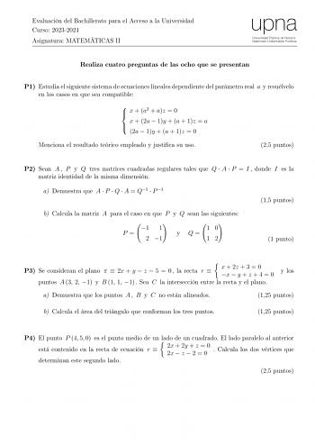 Examen de Matemáticas II (EvAU de 2024)