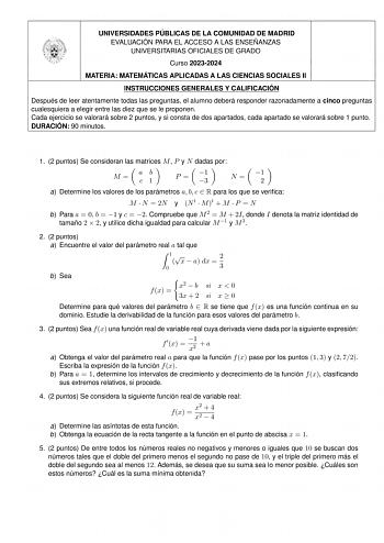 Examen de Matemáticas Aplicadas a las Ciencias Sociales (EvAU de 2024)