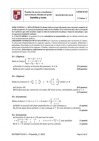 Examen de Matemáticas II (EBAU de 2024)