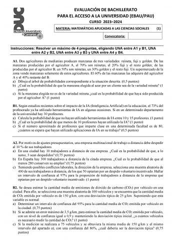 Examen de Matemáticas Aplicadas a las Ciencias Sociales (EBAU de 2024)