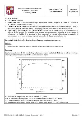 Evaluación de Bachillerato para el Acceso a la Universidad Castilla y León TECNOLOGÍA E INGENIERIA II EXAMEN N páginas 5 INDICACIONES 1 TIEMPO 90 minutos 2 OPTATIVIDAD El alumno deberá escoger libremente CUATRO preguntas de las OCHO propuestas Se expresará claramente las elegidas 3 CALCULADORA Podrán usarse calculadoras no programables que no admitan memoria para texto ni para resolución de ecuaciones ni para resolución de integrales ni para representaciones gráficas 4 CRITERIOS GENERALES DE EV…