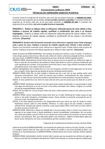 ABAU CÓDIGO 56 Convocatoria ordinaria 2024 TÉCNICAS DE EXPRESIÓN GRÁFICOPLÁSTICA O exame consta de 3 preguntas de 10 puntos cada unha das que poderá responder un MÁXIMO DE UNHA Se responde máis preguntas das permitidas só será corrixida a primeira respondida  El examen consta de 3 preguntas de 10 puntos cada una de las que podrá responder un MÁXIMO DE UNA Si responde más preguntas de las permitidas solo será corregida la primera respondida PREGUNTA 1 Realice un debuxo sobre os influencers utili…