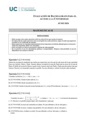 Examen de Matemáticas II (EBAU de 2024)