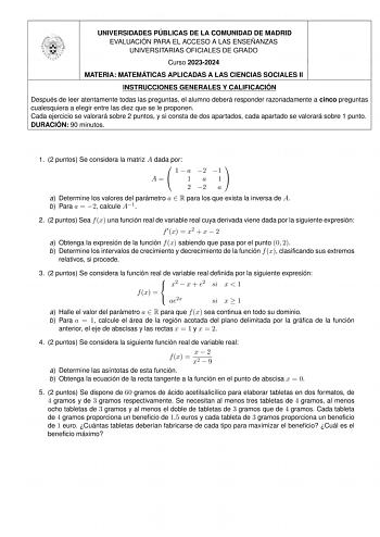 Examen de Matemáticas Aplicadas a las Ciencias Sociales (EvAU de 2024)