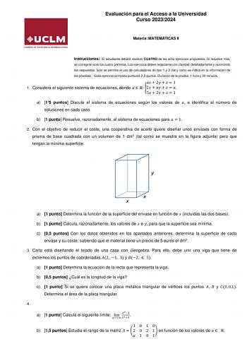 Examen de Matemáticas II (EvAU de 2024)