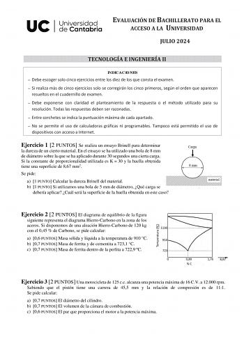 EVALUACIÓN DE BACHILLERATO PARA EL ACCESO A LA UNIVERSIDAD JULIO 2024 TECNOLOGÍA E INGENIERÍA II INDICACIONES  Debe escoger solo cinco ejercicios entre los diez de los que consta el examen  Si realiza más de cinco ejercicios solo se corregirán los cinco primeros según el orden que aparecen resueltos en el cuadernillo de examen  Debe exponerse con claridad el planteamiento de la respuesta o el método utilizado para su resolución Todas las respuestas deben ser razonadas  Entre corchetes se indica…