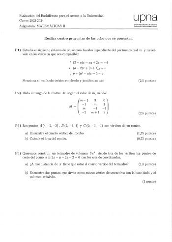 Examen de Matemáticas II (EvAU de 2024)