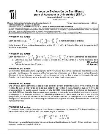 Examen de Matemáticas Aplicadas a las Ciencias Sociales (EBAU de 2024)