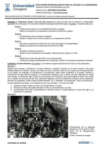 Examen de Historia de España (EvAU de 2024)