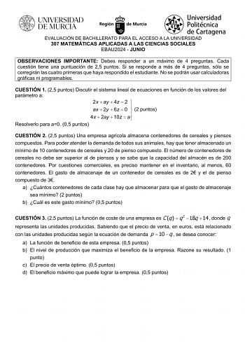 Examen de Matemáticas Aplicadas a las Ciencias Sociales (EBAU de 2024)