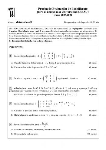 Examen de Matemáticas II (EBAU de 2024)