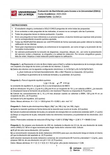 Examen de Química (EBAU de 2024)