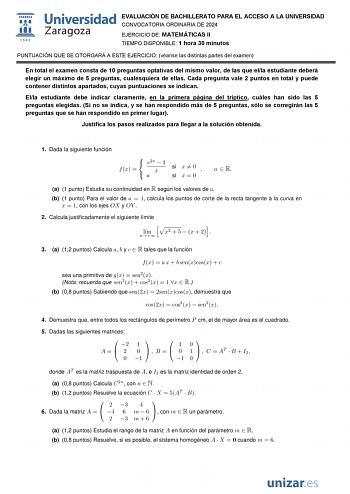 Examen de Matemáticas II (EvAU de 2024)