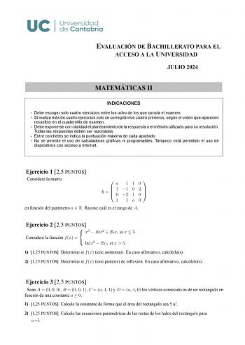 Examen de Matemáticas II (EBAU de 2024)